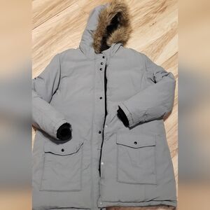 Women Down Coat XXL Faux Fur Hooded Grey Long Jacket Old Navy Insulated